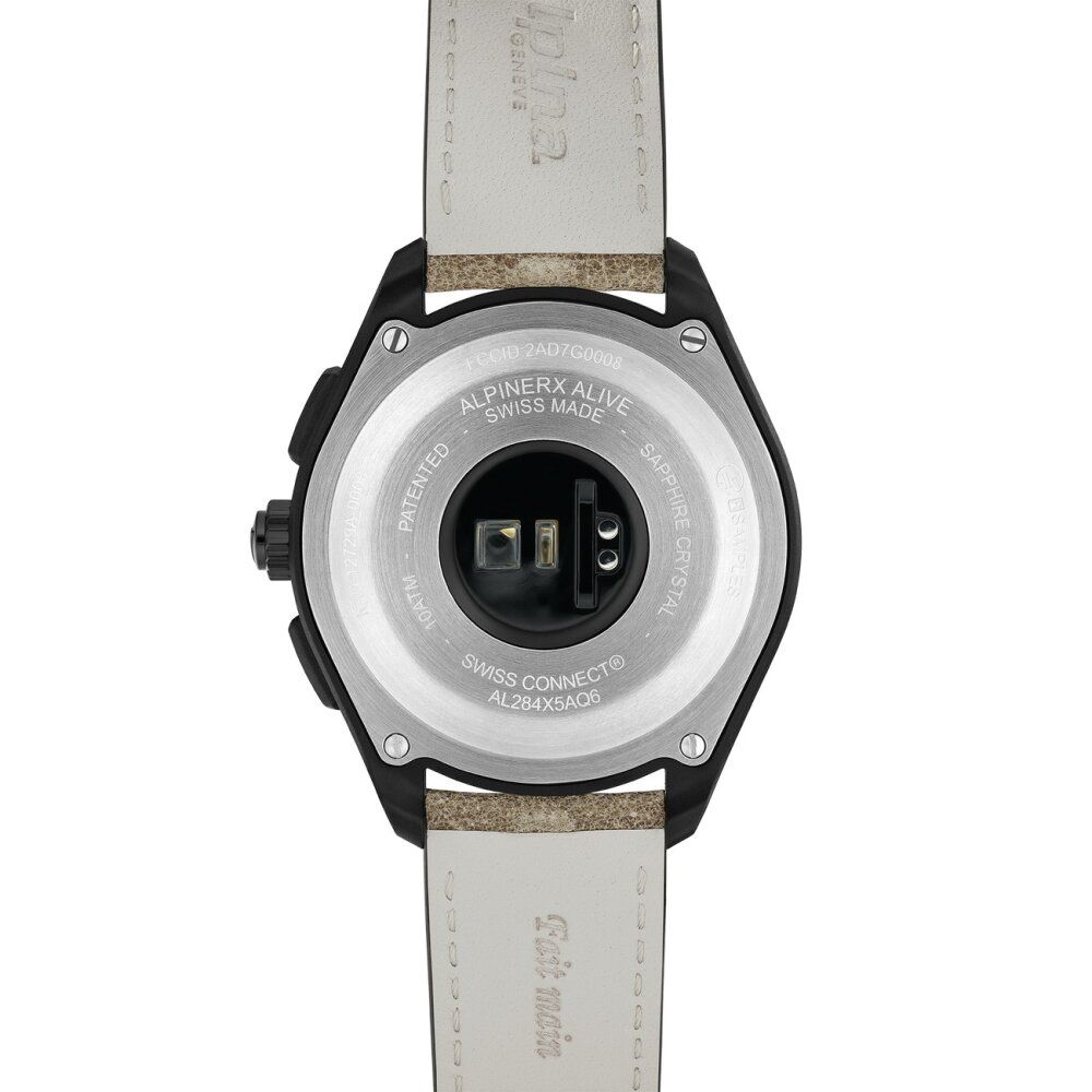 Rückseite der Alpina Pulsuhr. Schwarzes Gehäuse, Lederarmband. Herzfrequenzsensor. Swiss Made. Modell AL284LNN5AQ6L.