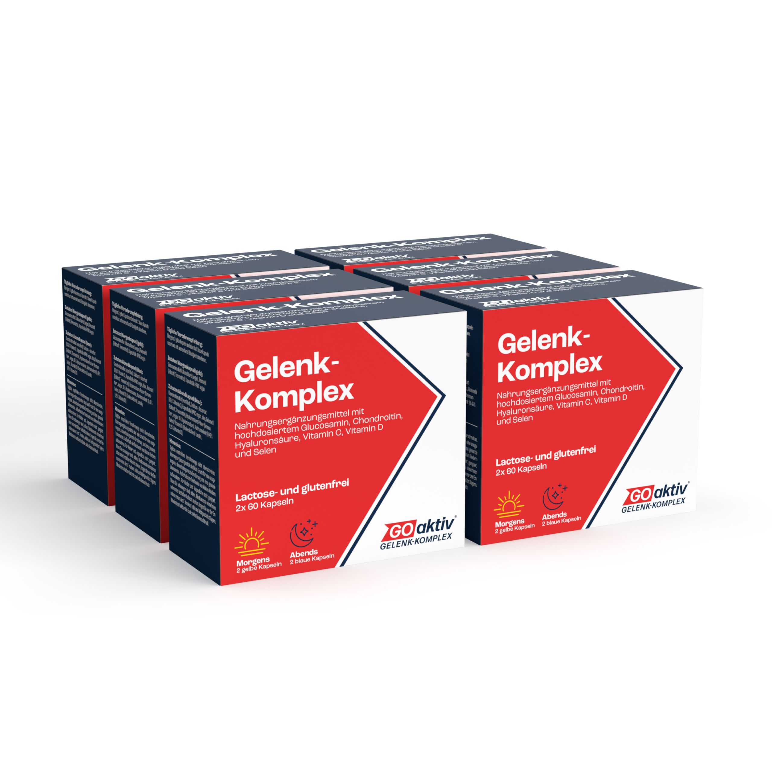 Mehrere Kartons GOaktiv Gelenk-Komplex. Blaue und rote Verpackung mit Produktinformationen. Lactose- und glutenfrei.