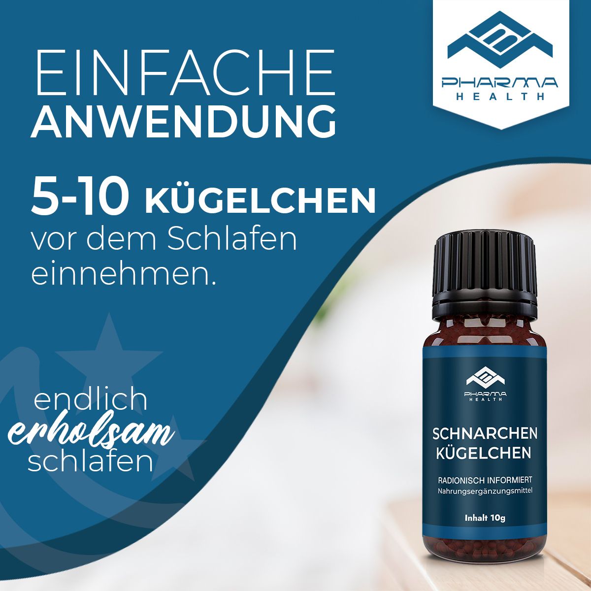 Produktflasche mit Text: Einfache Anwendung. 5-10 Kügelchen vor dem Schlafen einnehmen. Text: Endlich erholsam schlafen.