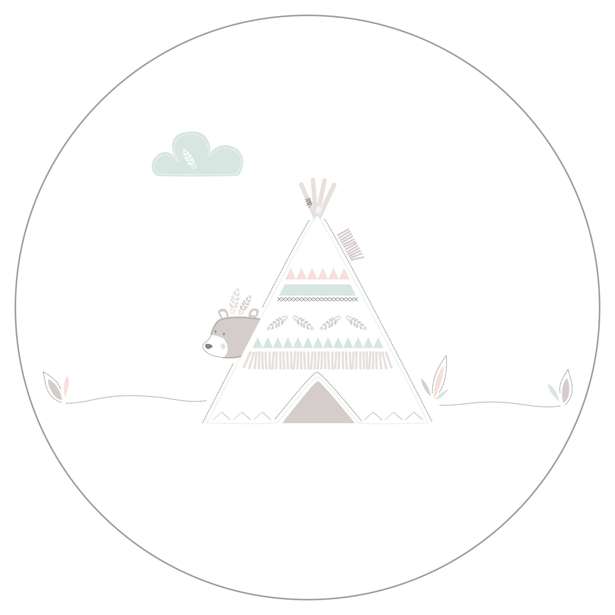Runder Ausschnitt mit Illustration eines Babyschlafsacks. Bär, Tipi und Wolke in Pastellfarben. Auf weißem Hintergrund.