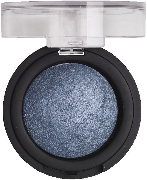 Runder, blauer Lidschatten in schwarzem Behälter mit transparentem Deckel. Deckel geöffnet.