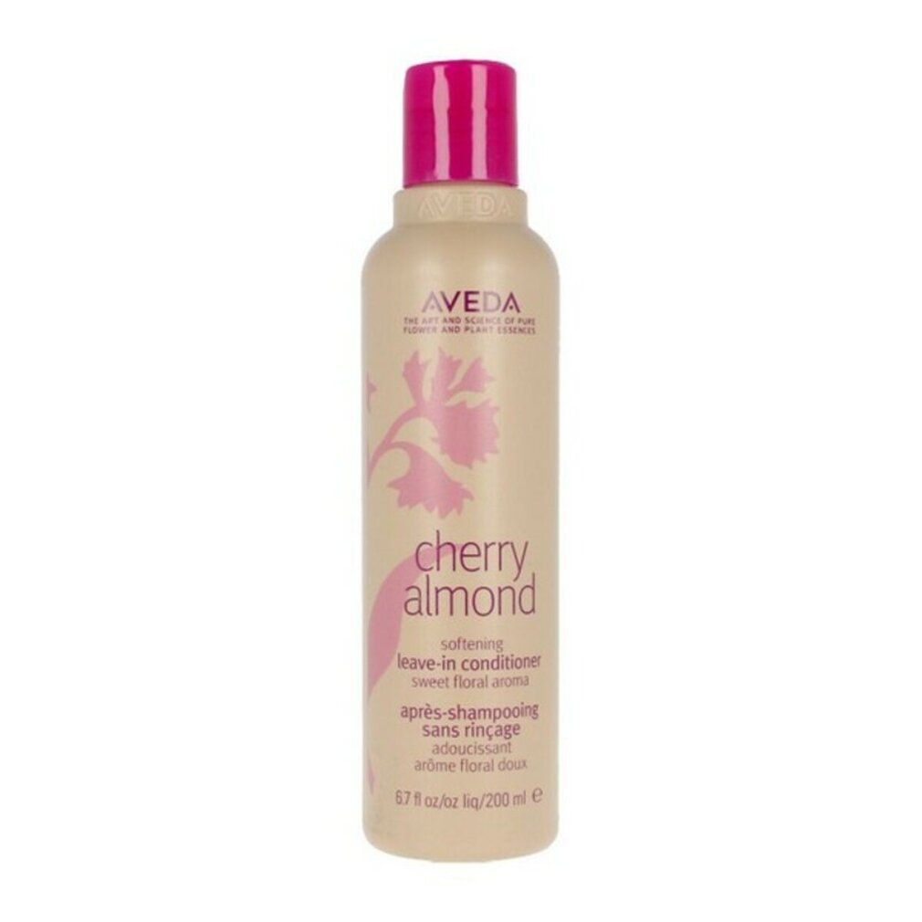 Beige Flasche mit pinkfarbenem Deckel. Aufschrift: Aveda, Cherry Almond, Leave-in Conditioner. Floral-Design.