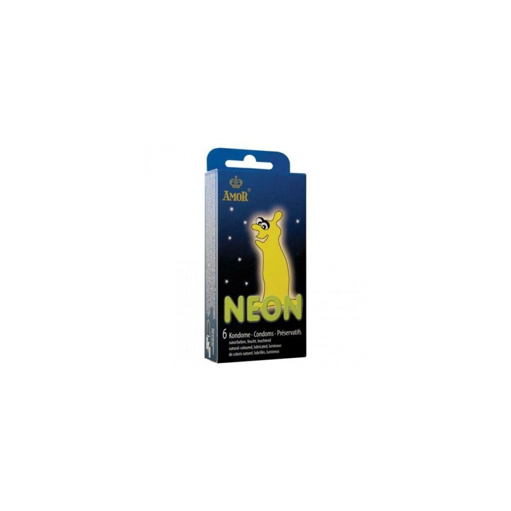 Kondom-Verpackung Amor Neon. Sechs Kondome. Gelbe, leuchtende Figur auf blauem Hintergrund. Marke und Produktname deutlich sichtbar.