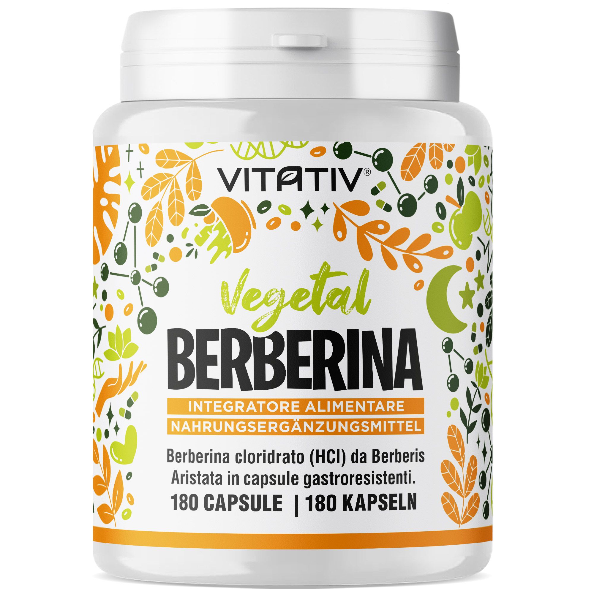 VITATIV® Berberina da Berberis Aristata in 180 Capsule Gastroresistenti da 300mg, HCl Alta Purezza