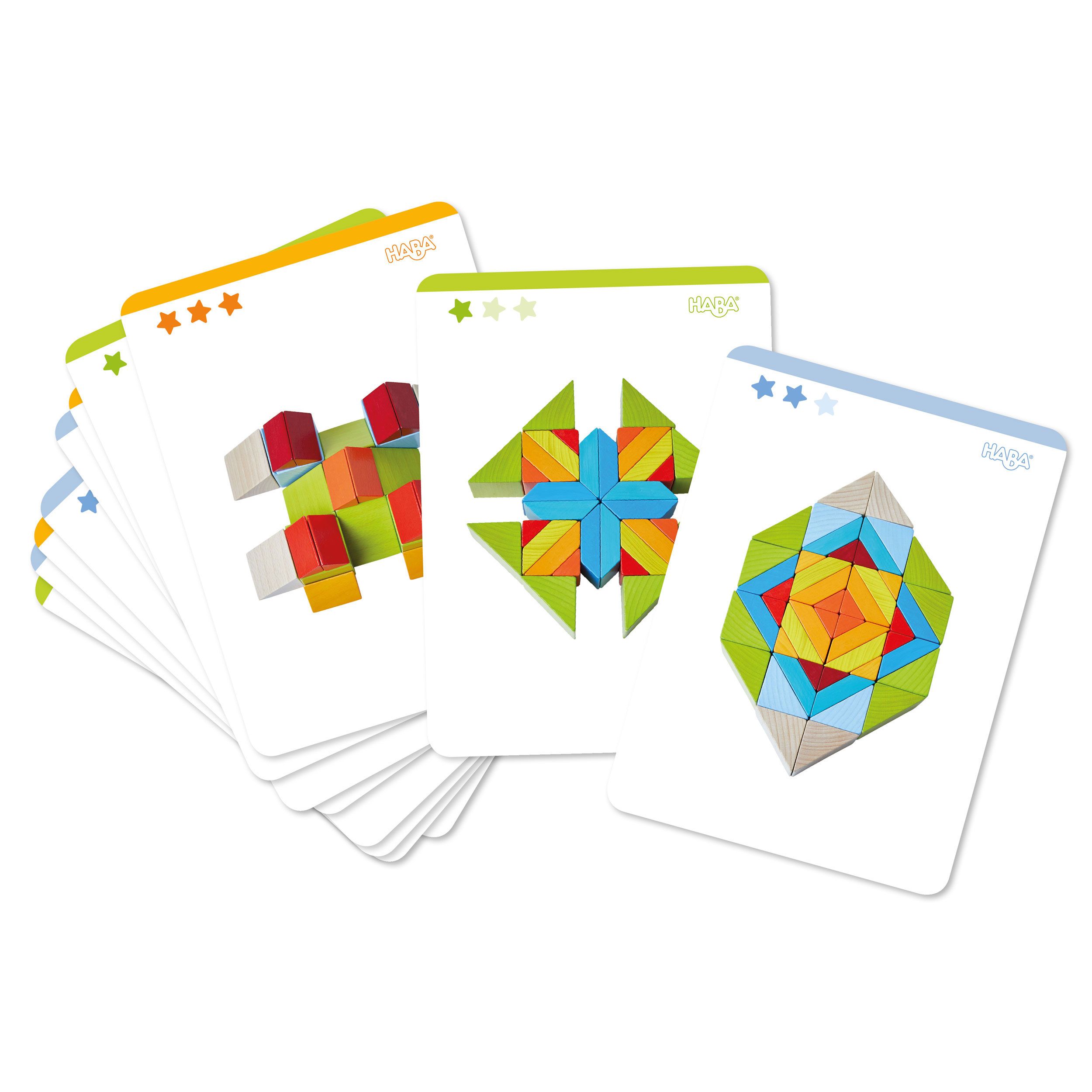 Karten mit verschiedenen Mustern aus Spielbausteinen. HABA-Logo auf den Karten.