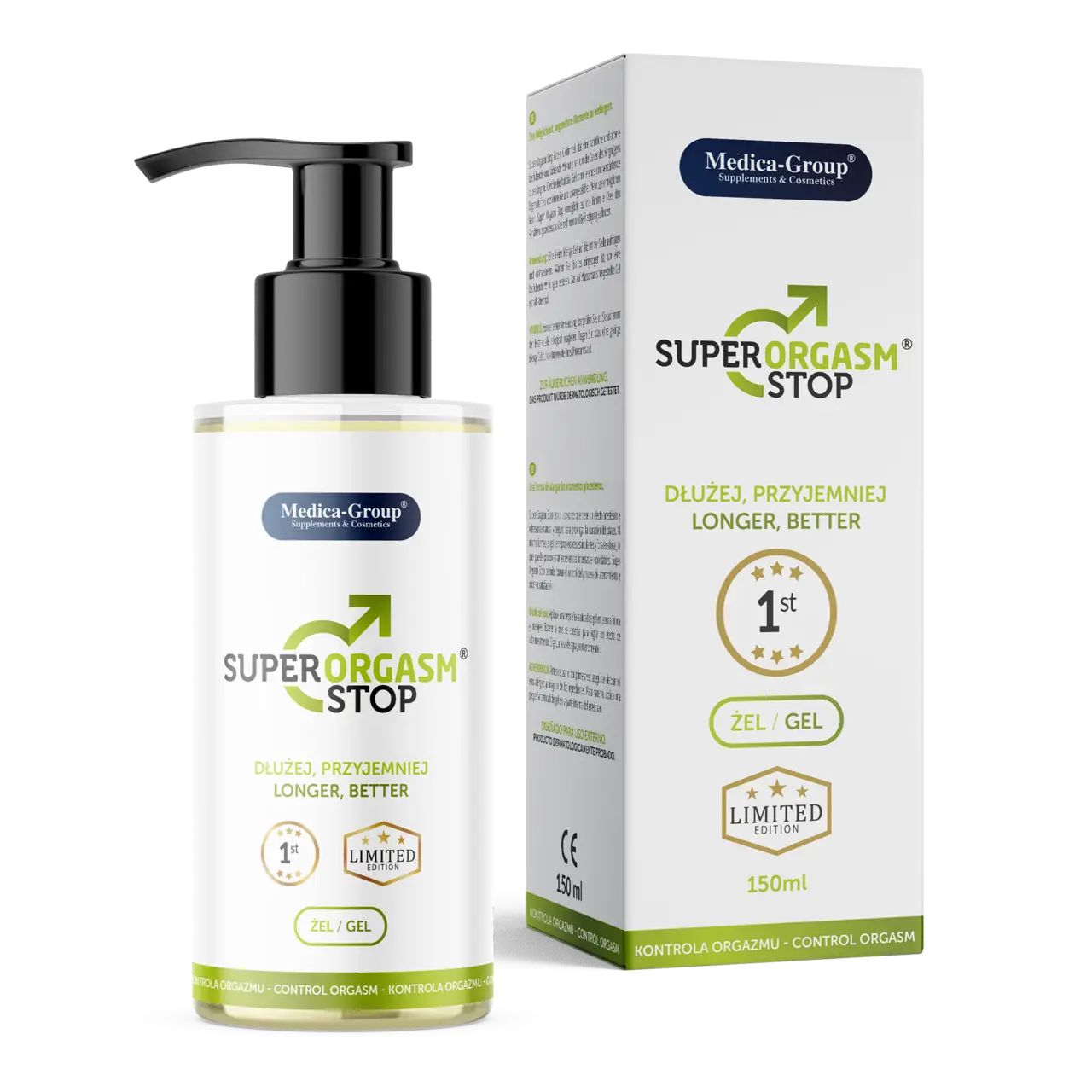 Gel-Flasche mit schwarzem Pumpkopf und Karton. Aufschrift: Super Orgasm Stop, Medica-Group. Limited Edition. 150ml.