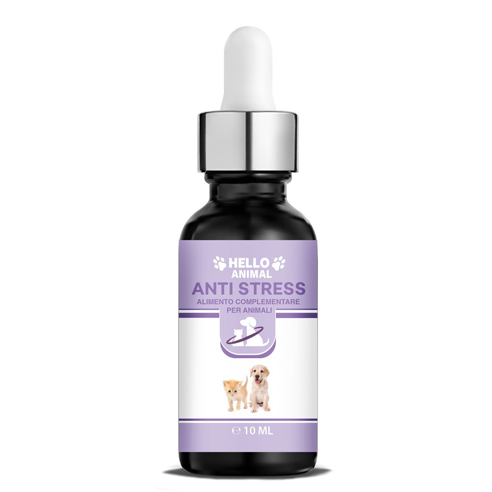 Flacone di vetro marrone con pipetta. Etichetta "HELLO ANIMAL", "ANTI STRESS" e immagine gatto e cane. 10 ml.