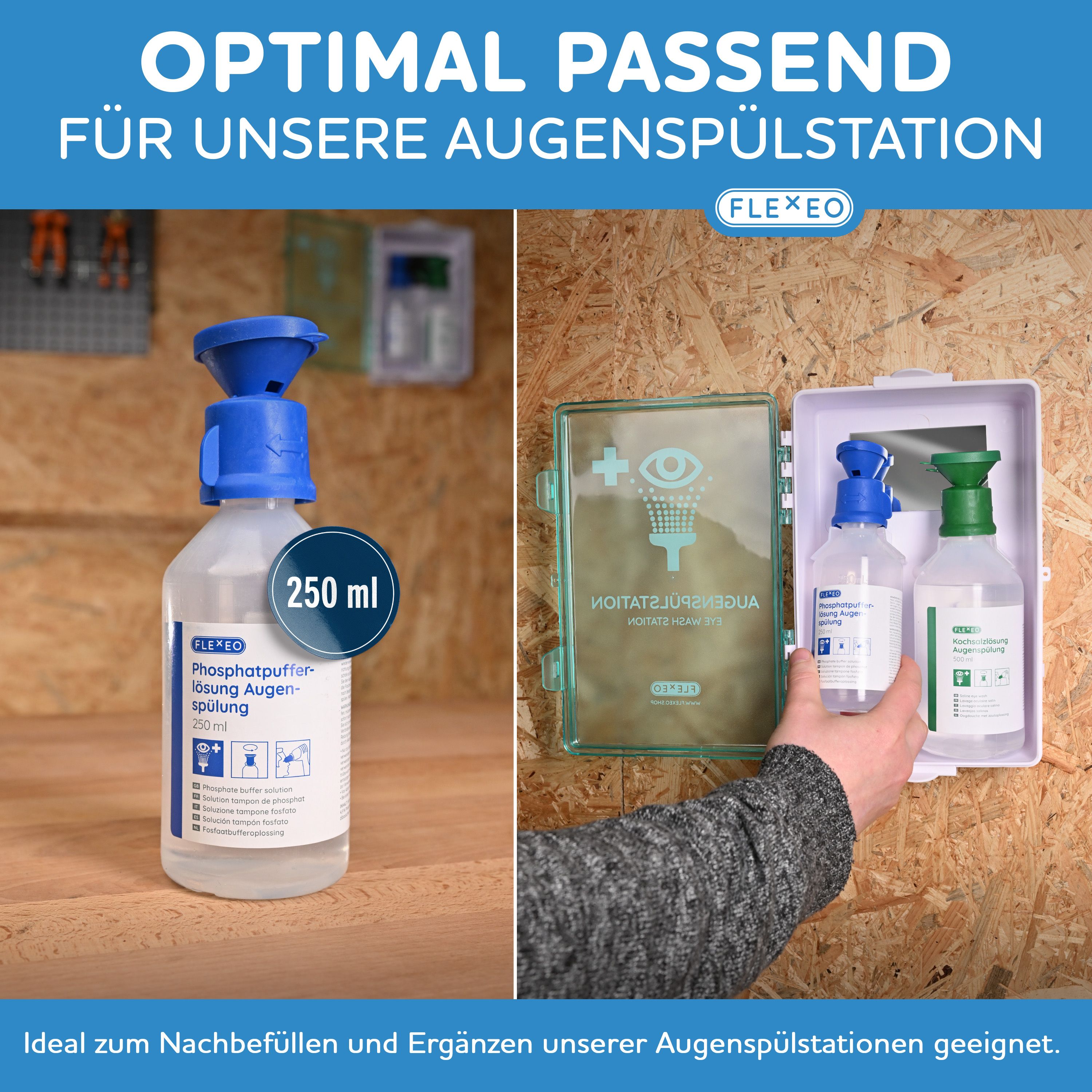 FLEXEO Augenspülflasche. Weiße Flasche mit blauem Aufsatz. 250 ml. Neben einer Augenspülstation.