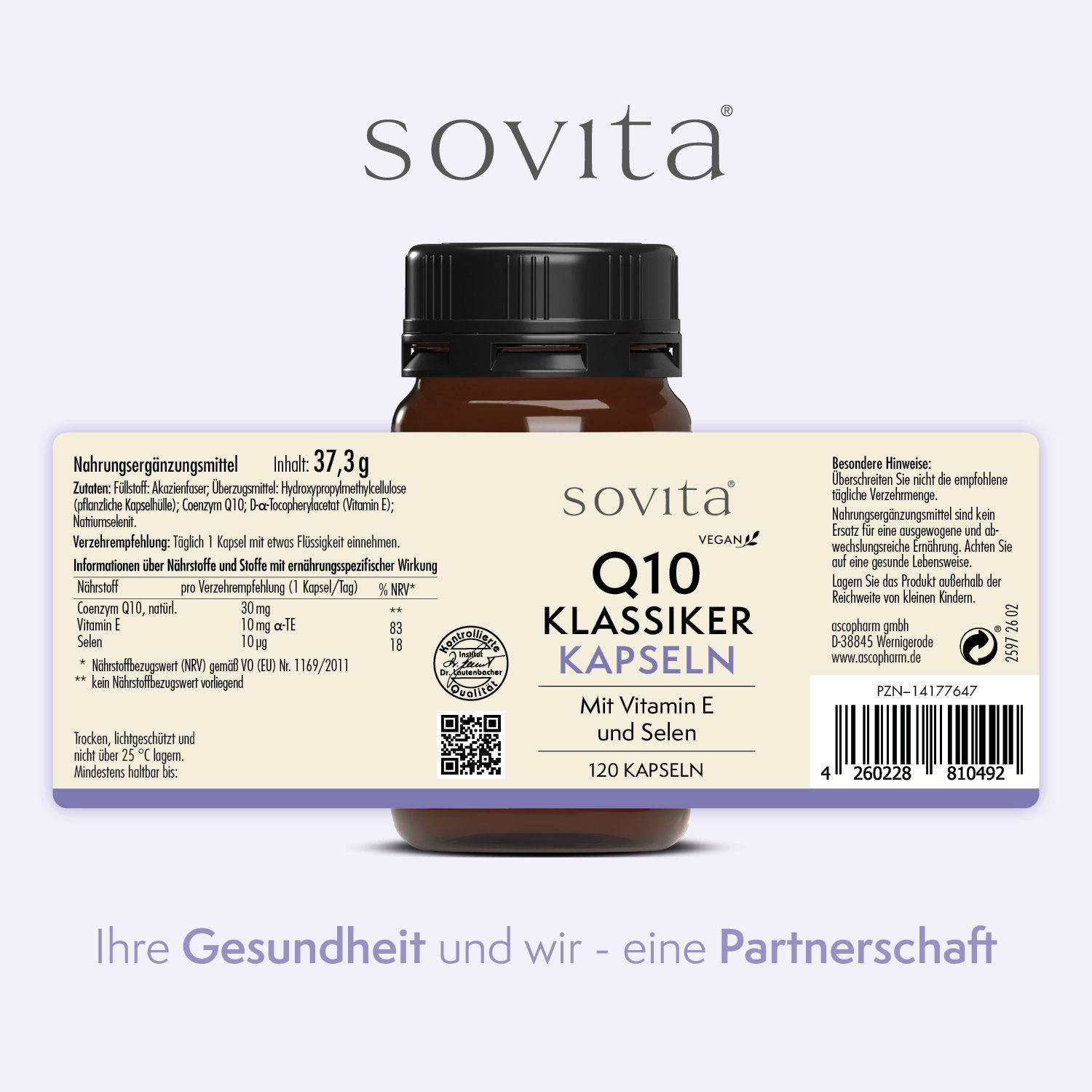 Braune Glasflasche mit schwarzen Deckel. Aufkleber mit Produktinformationen. Text: Q10 Klassiker Kapseln, 120 Kapseln. Vegan.