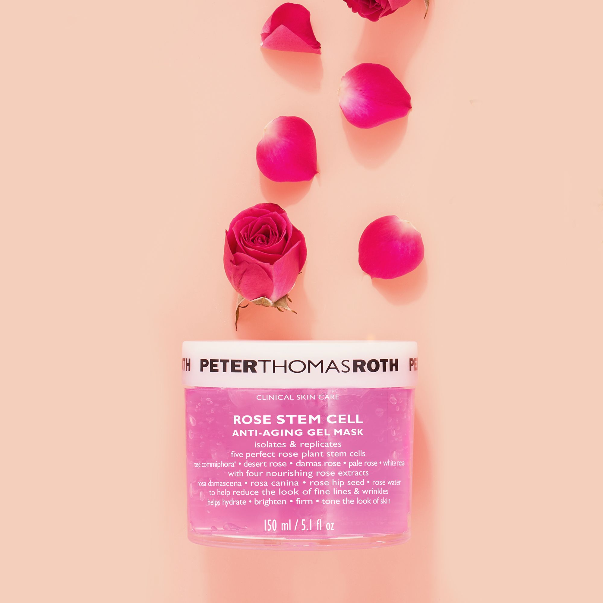Peter Thomas Roth Rose Stem Cell Anti-Aging Gel Mask, rosa Gel, Rosenblätter. Produktetikett mit Text.