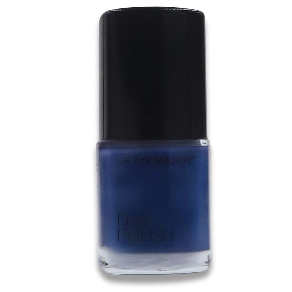 Eine Flasche Jean Marin Nagellack. Blaue Farbe mit schwarzem Deckel. Aufschrift "Nail Polish".