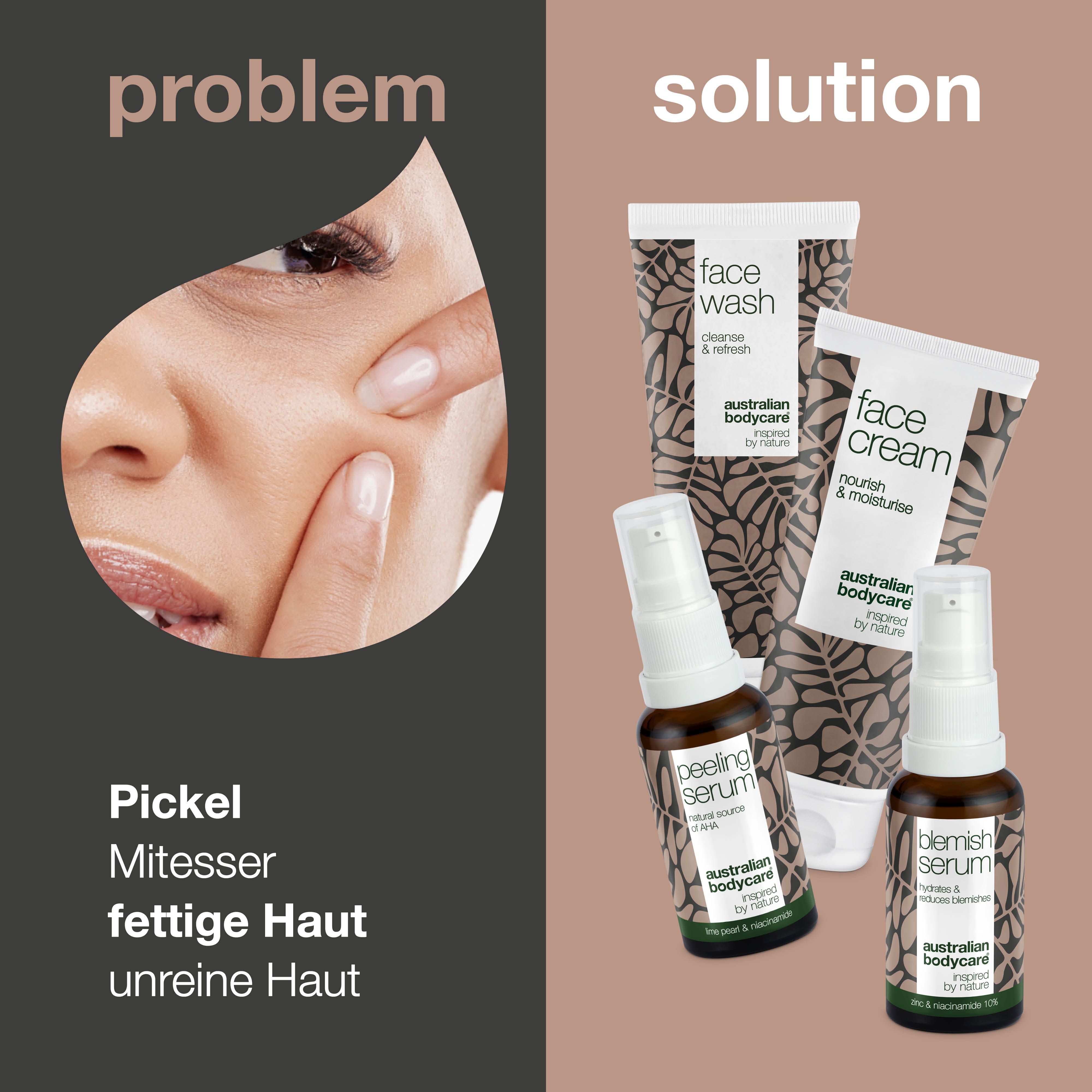 Vergleich von Hautproblemen und Lösungen. Produkte: Face Wash, Face Cream, Peeling Serum, Blemish Serum. Marke: Australian Bodycare.