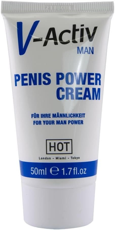 V-Activ Penis Power Cream Tube mit männlichem Symbol und Text.