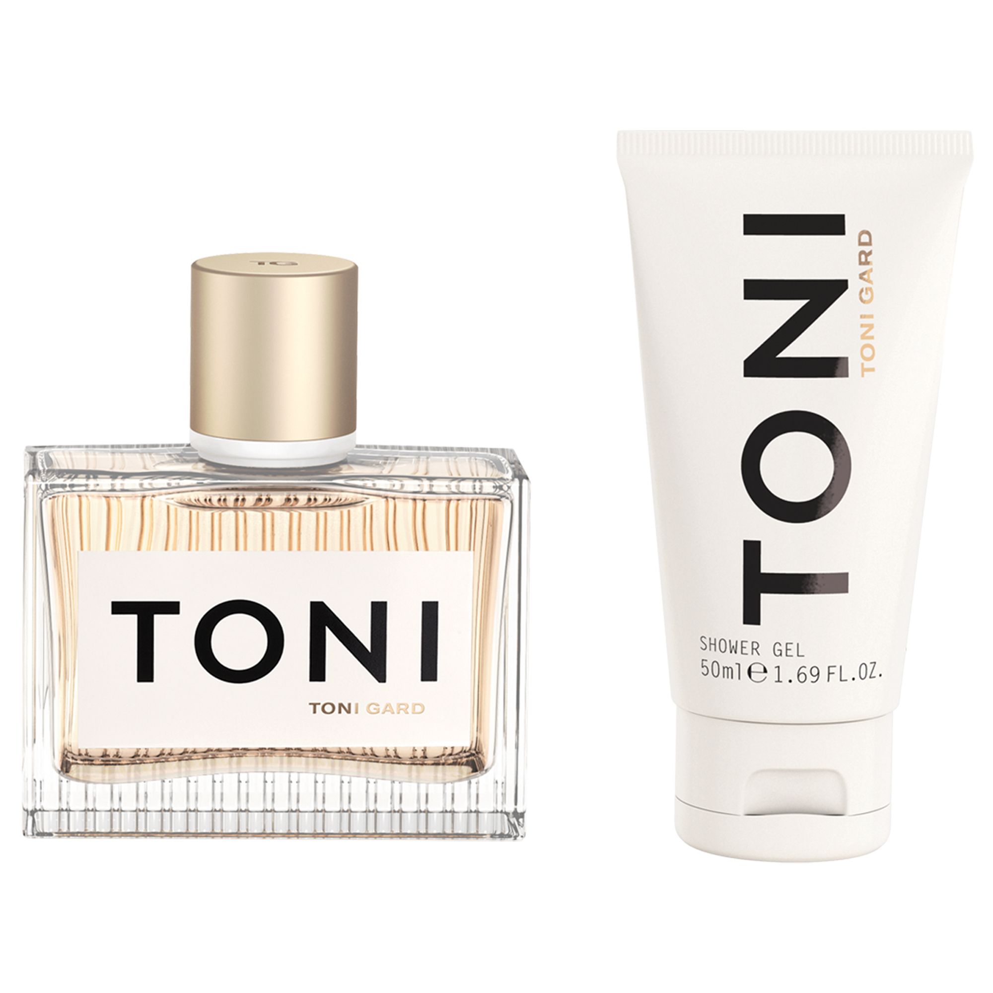 Eau de Parfum und Duschgel. Beide Produkte tragen den Schriftzug TONI. Das Eau de Parfum hat einen goldenen Verschluss.
