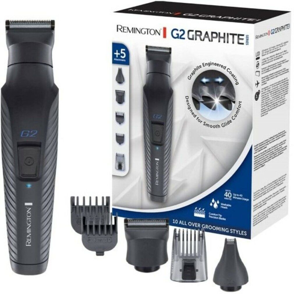 Verpackung mit Trimmer, Zubehör und Text: Remington G2 Graphite Series. Enthält 5 Aufsätze.