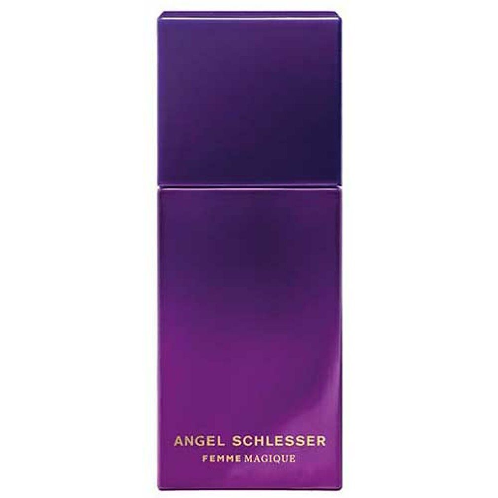Violett-farbener Flakon mit rechteckigem Deckel. Aufschrift: Angel Schlesser Femme Magique.