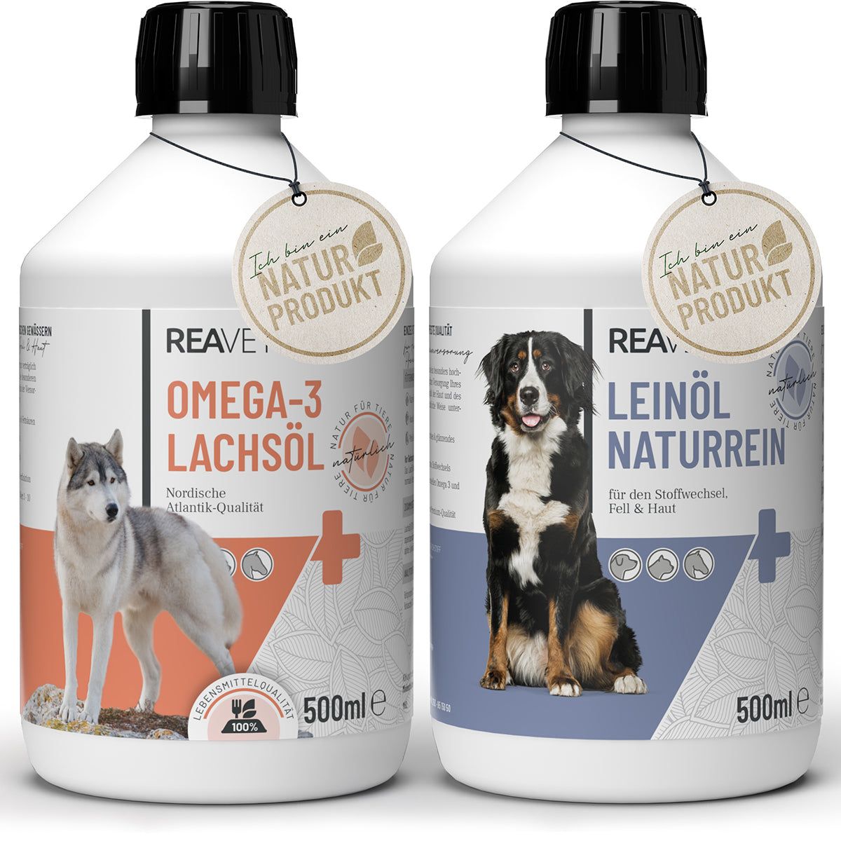 Zwei Flaschen. Eine mit Omega-3 Lachsöl, die andere mit Leinöl Naturrein. Beide mit Hund und Naturprodukt-Siegel.