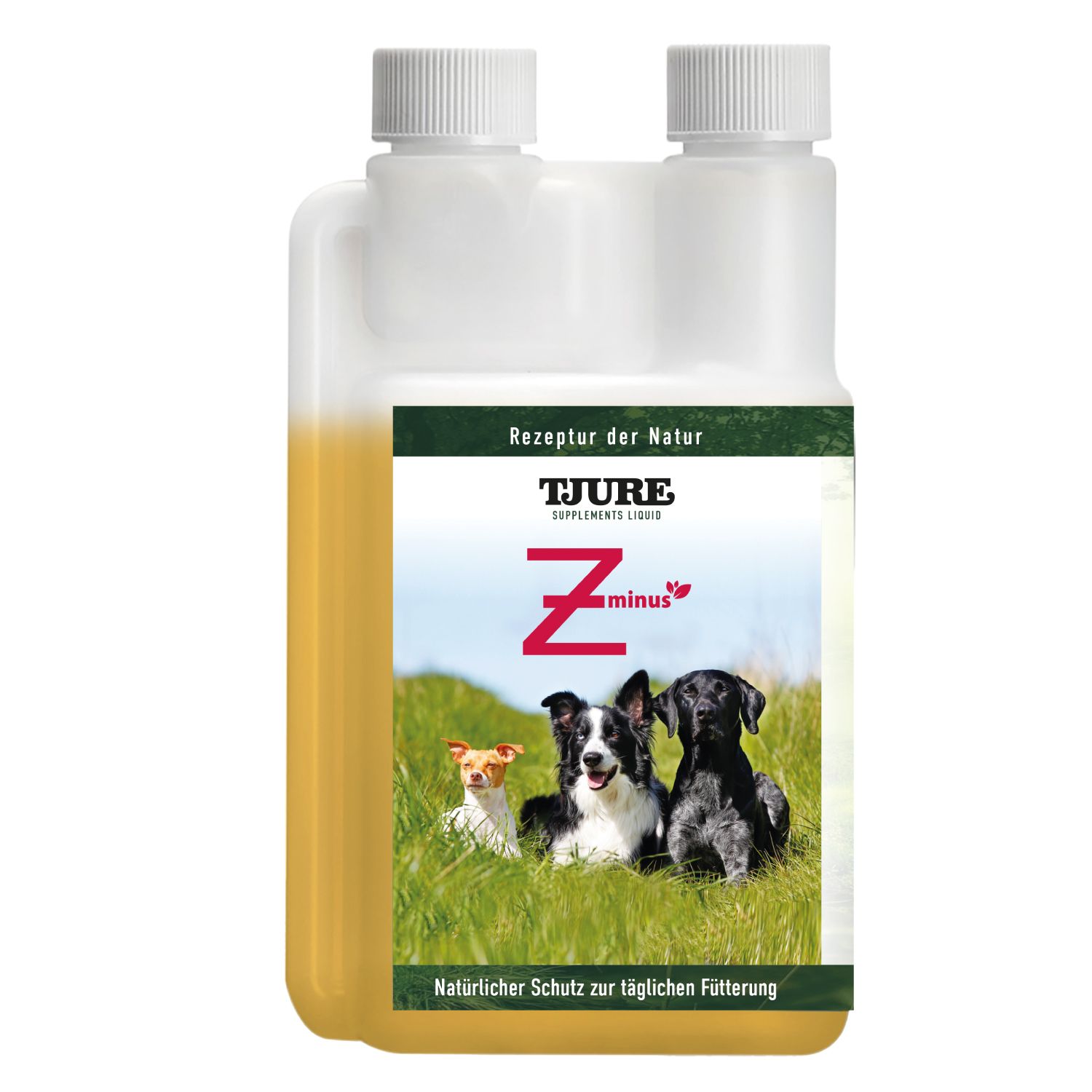 Doppel-Flasche mit gelber Flüssigkeit. Aufkleber mit Produktnamen Zminus, Logo, drei Hunden und Text. Natürlicher Schutz für tägliche Fütterung.
