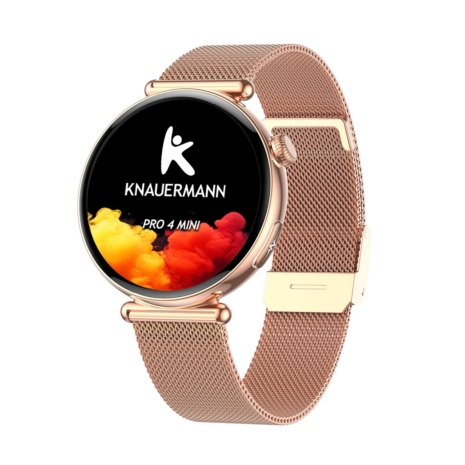 Roségoldfarbene Smartwatch mit rundem Zifferblatt und Milanaise-Armband. Auf dem Display: Logo und Schriftzug "KNAUERMANN PRO 4 MINI".