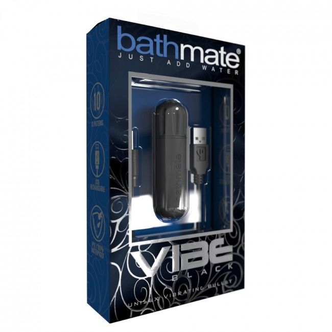 Vibrationskugel in Verpackung. Enthält Ladekabel. Marke: bathmate. Text: Vibe Black.
