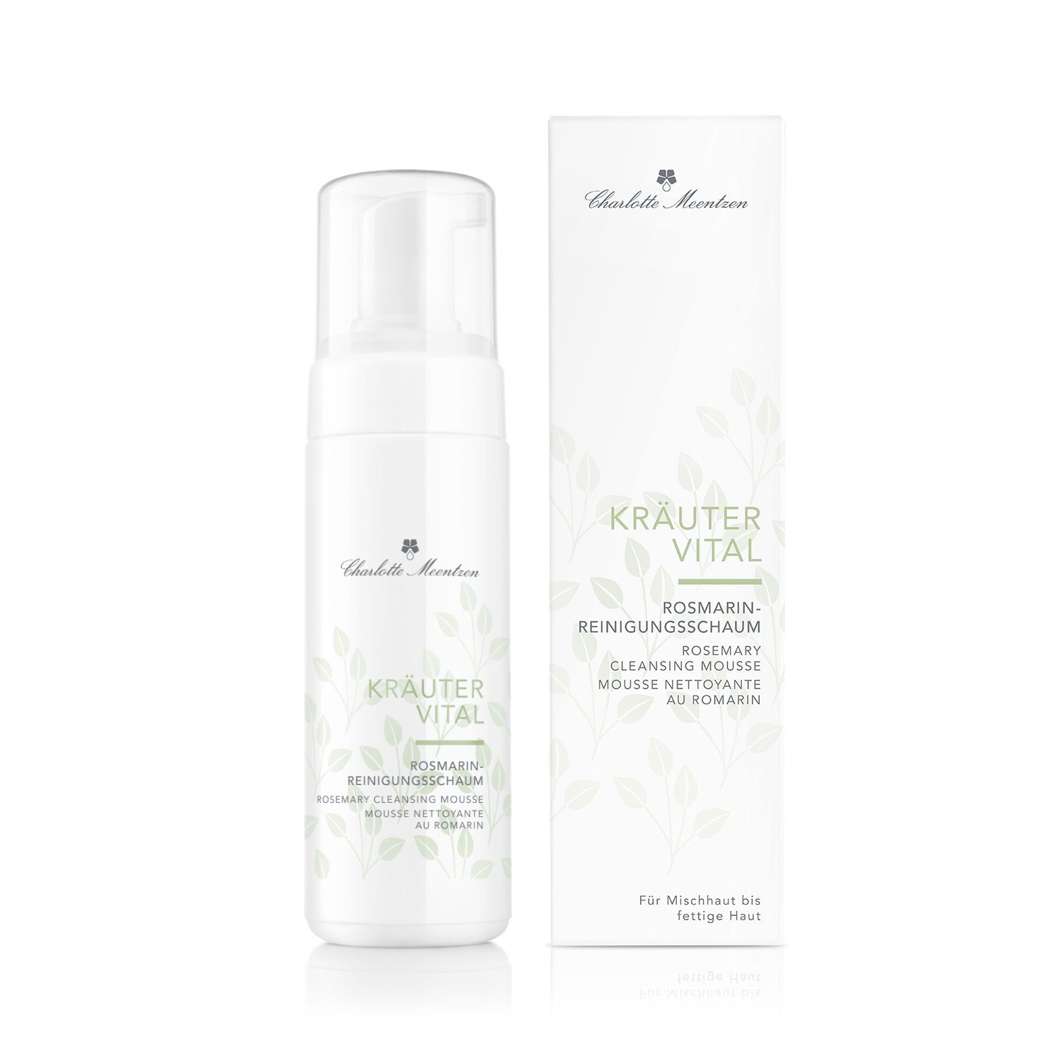Weißes Produkt mit Spender und Verpackung. Text: Kräuter Vital Rosmarin-Reinigungsschaum. Logo und Produktname sichtbar.