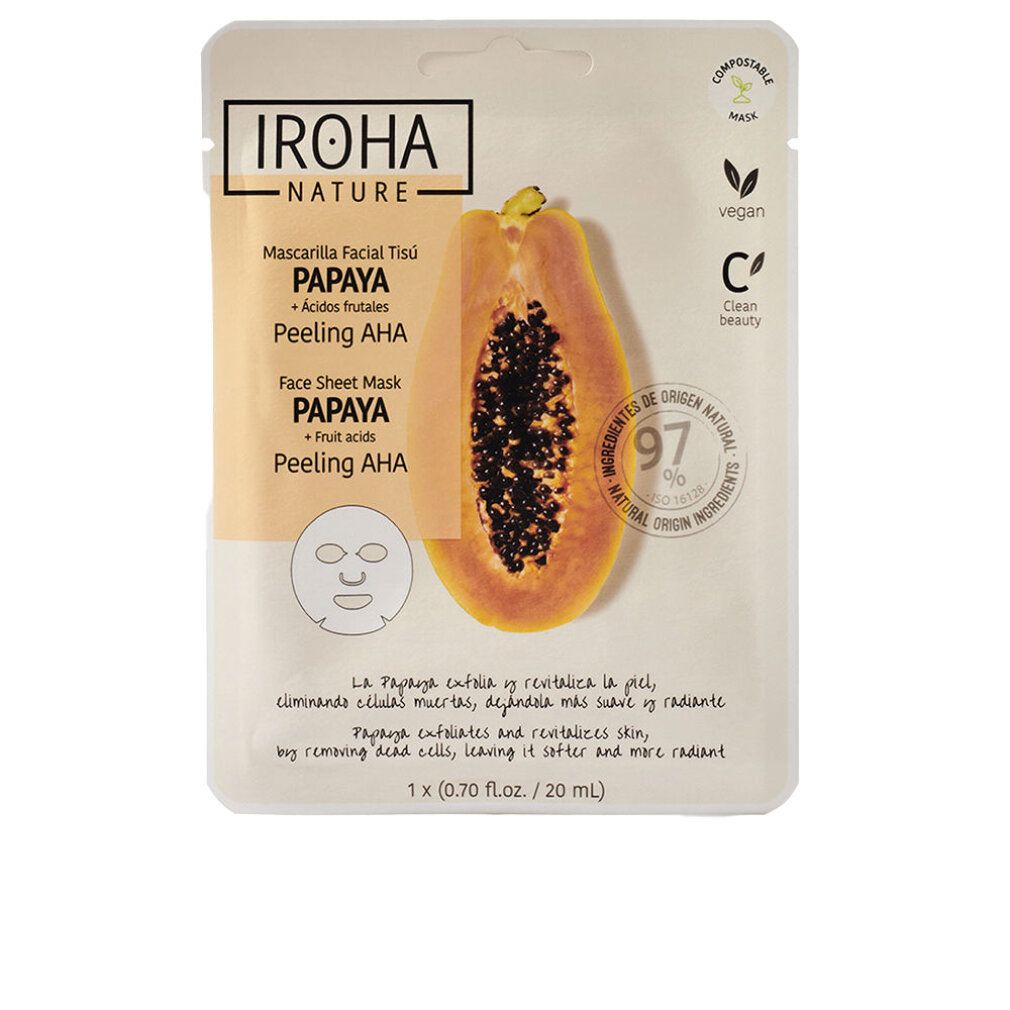 Gesichtsmaske mit Papaya-Motiv. Verpackung mit Text: "IROHA Nature", "PAPAYA", "Peeling AHA". Vegan, Clean Beauty.
