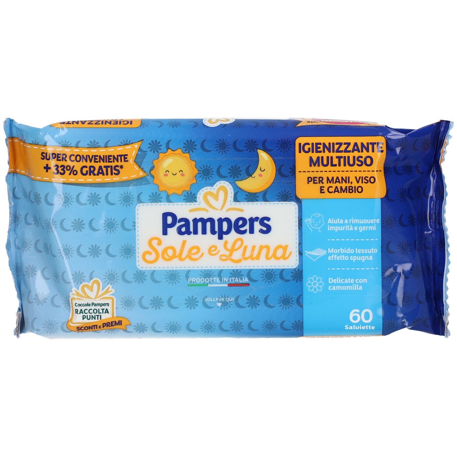 Confezione Pampers Sole e Luna. Confezione blu con sole e luna. Scritto: 'Super conveniente + 33% gratis'. 60 salviette.