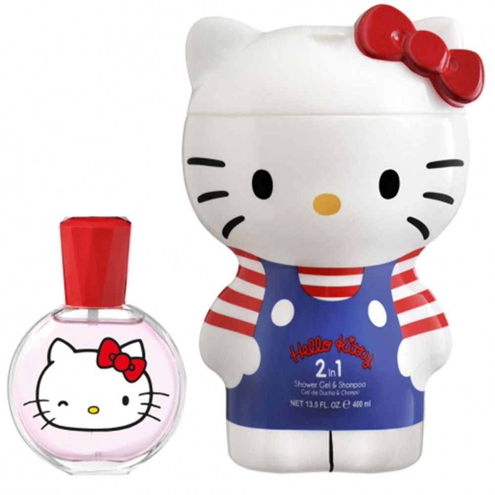 Hello Kitty Eau de Toilette und 2-in-1 Duschgel & Shampoo. Flakon und Flasche in Hello Kitty Form.