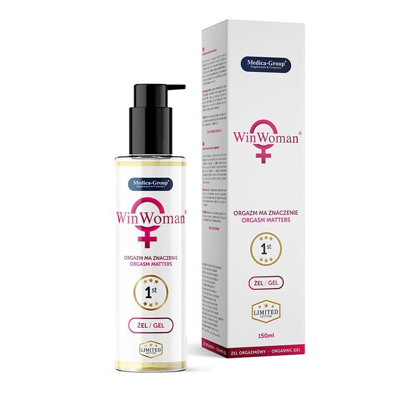 WinWoman Gel-Flasche und Verpackung. Flasche mit schwarzem Pumpkopf, Logo und Auszeichnungen. Karton daneben.