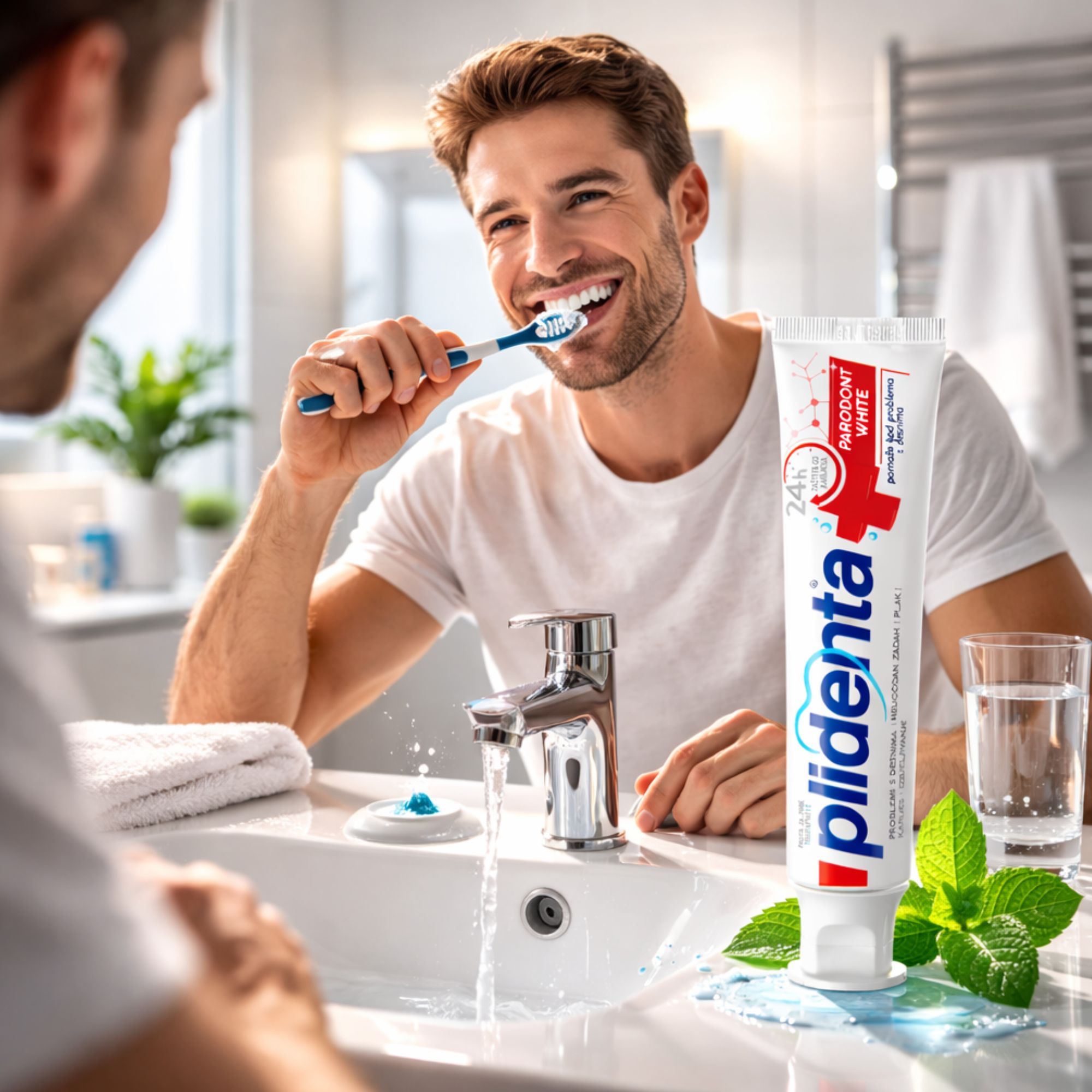 Mann putzt Zähne vor Spiegel. Zahnpasta-Tube mit rotem Kreuz und Text: Plidenta Parodont White. Glas Wasser, Minze.
