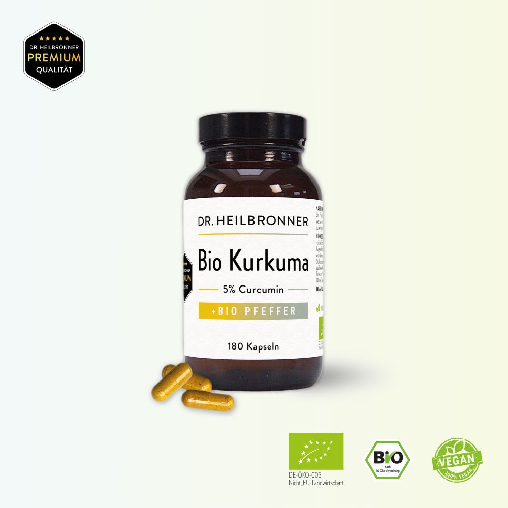 Braune Glasflasche mit Kapseln. Aufschrift: Dr. Heilbronner Bio Kurkuma, 5% Curcumin, Bio Pfeffer, 180 Kapseln. Bio-Siegel.