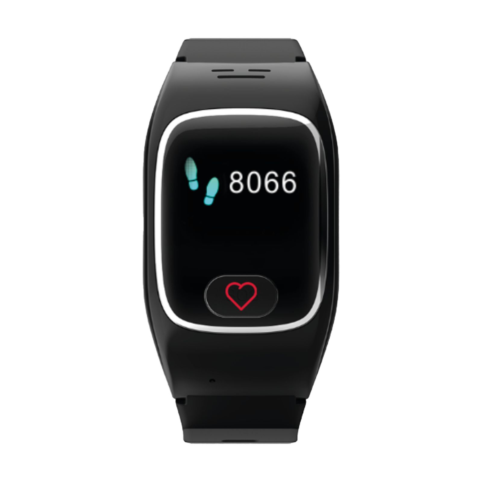 Schwarze Smartwatch mit Herzfrequenzsensor. Display zeigt Schrittzähler: 8066 Schritte.