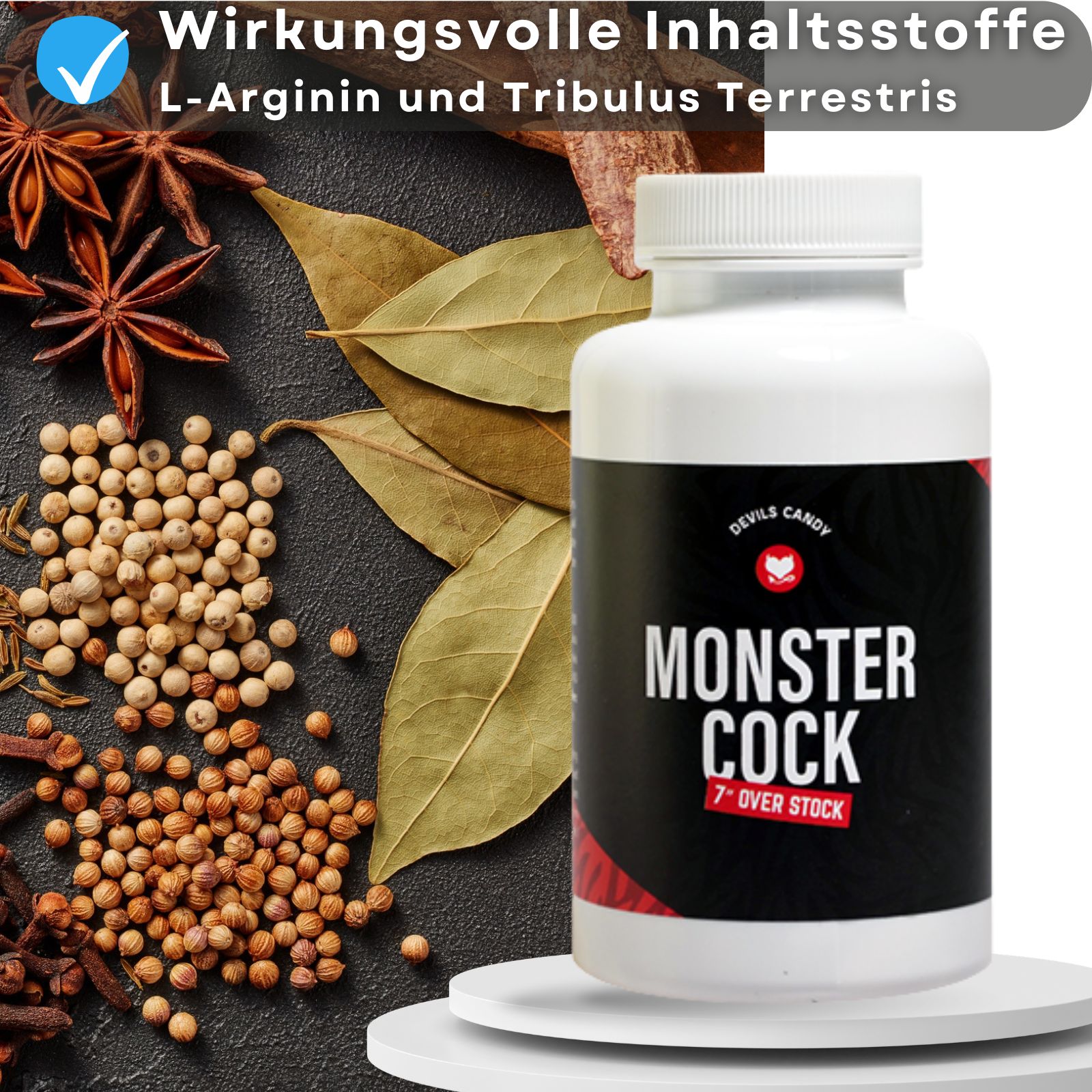 Weiße Flasche MONSTER COCK. Text: L-Arginin und Tribulus Terrestris. Hintergrund: Gewürze.