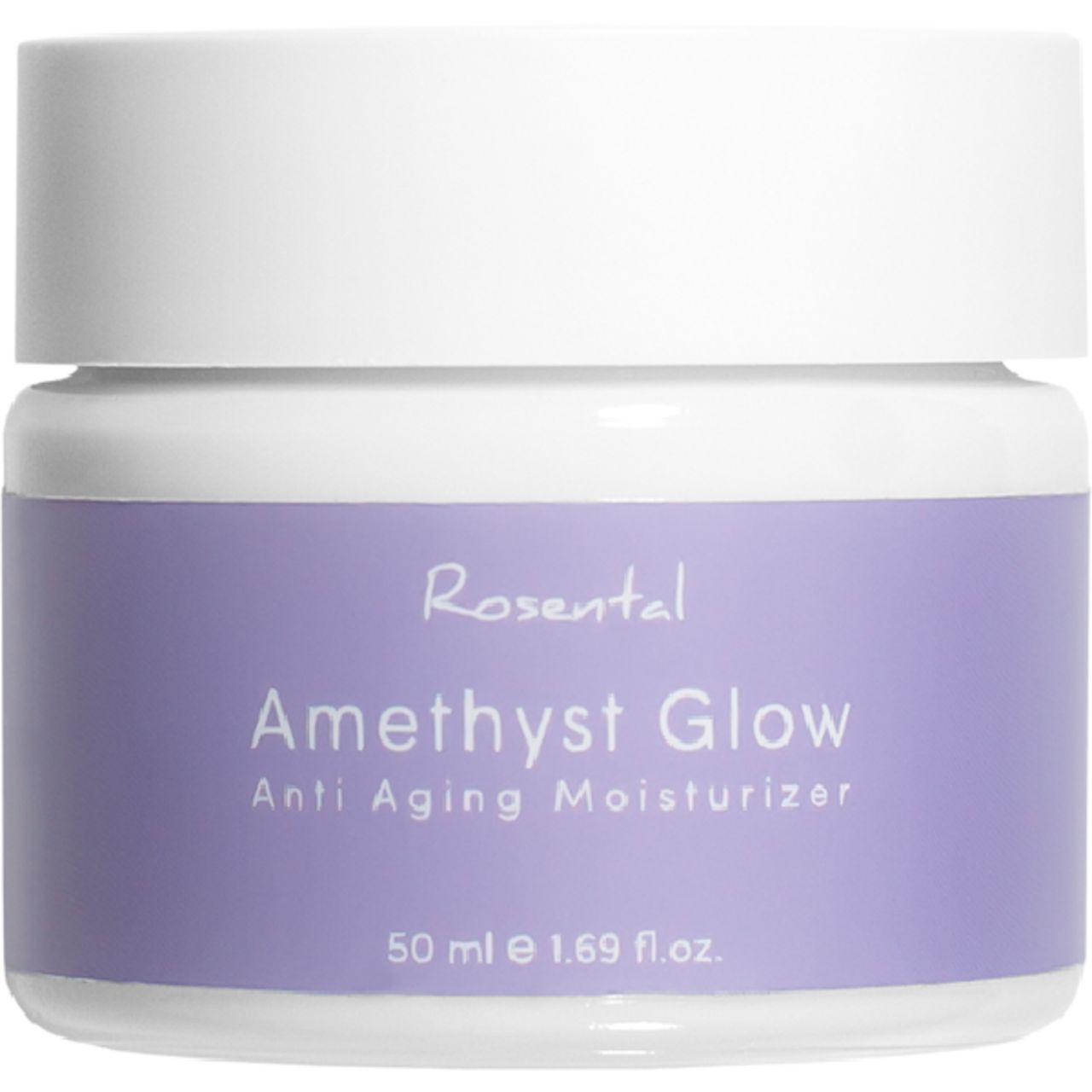 Cremebehälter mit weißem Deckel und lila Etikett. Aufschrift: Rosental, Amethyst Glow, Anti Aging Moisturizer.