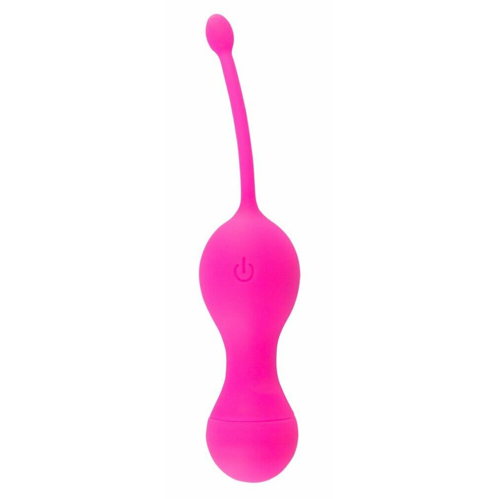 Rosa Duo-Vibrokugel mit länglicher Form, Stiel und Kugel. Mit Ein-/Ausschalter-Symbol.