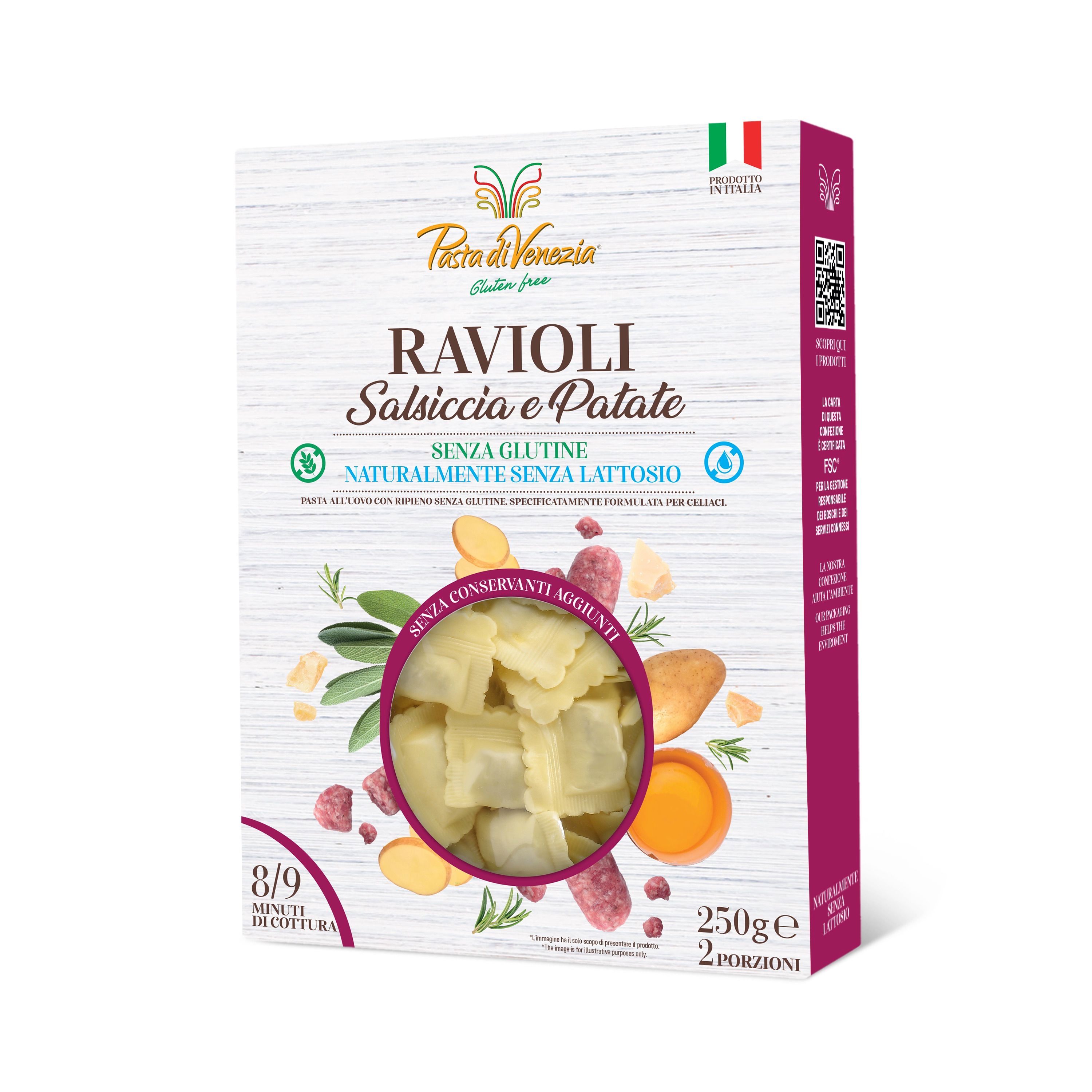 La confezione mostra Ravioli Salsiccia e Patate di Pasta di Venezia. È indicato "Senza Glutine" e "Naturalmente Senza Lattosio". La confezione contiene 250g ed è per 2 porzioni. Il tempo di cottura è di 8/9 minuti.