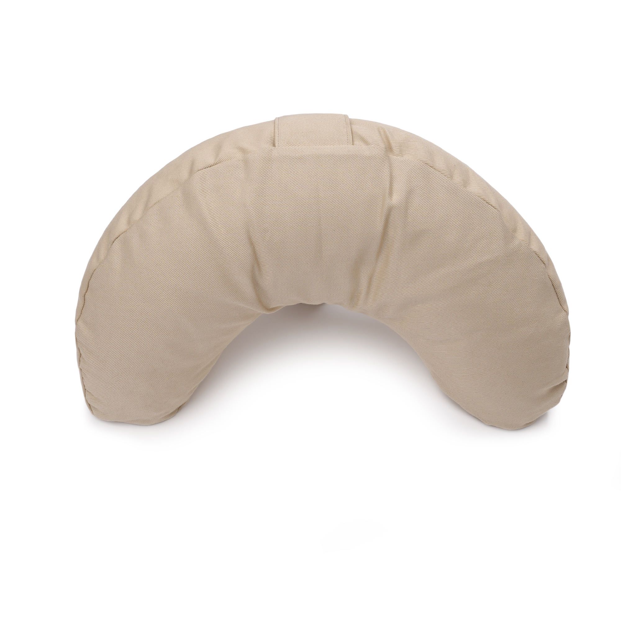 Sandfarbenes Yogakissen in Mondform, Draufsicht.