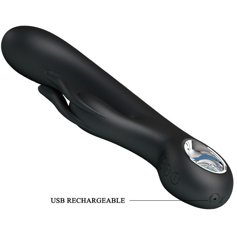 Schwarzer Vibrator mit gebogener Form und einem zusätzlichen Stimulationsarm. Silberfarbener Knopf. Beschriftung: USB RECHARGEABLE.