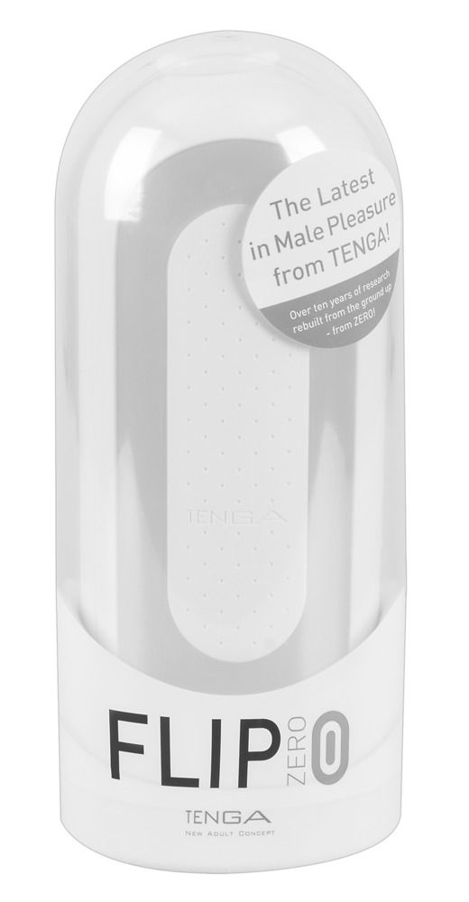 Weißes Produkt in transparenter Verpackung. Aufschrift: FLIP ZERO. Text: TENGA, New Adult Concept. Aufkleber.