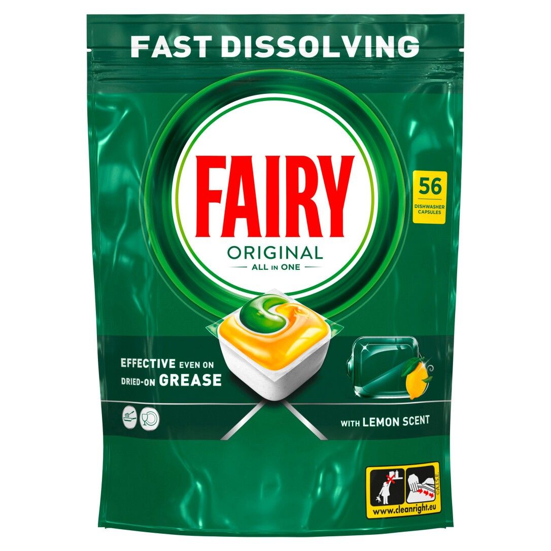 Grüne Verpackung mit Fairy Original All-in-One Zitrone Geschirrspültabs. Enthält 56 Tabs. Mit Zitrone Duft. Schnelles Auflösen.