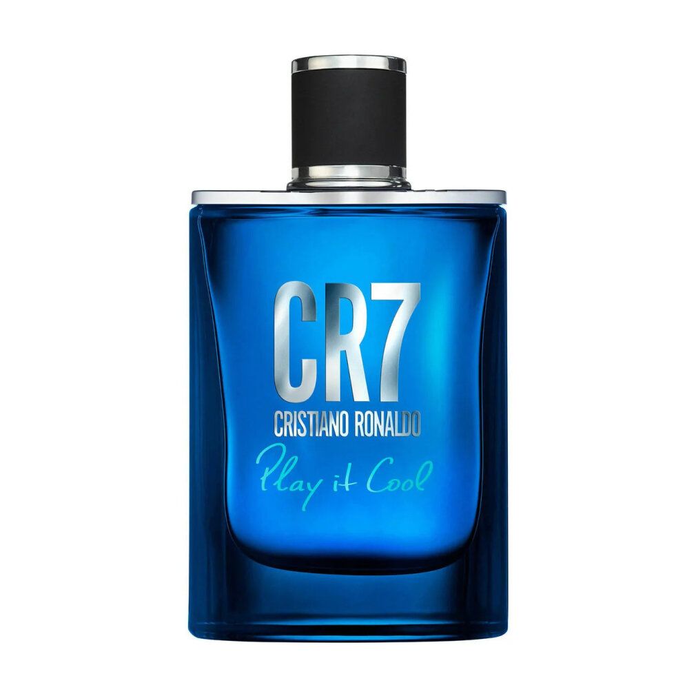 Blaue Glasflasche mit silbernem CR7 Cristiano Ronaldo Play it Cool Schriftzug.