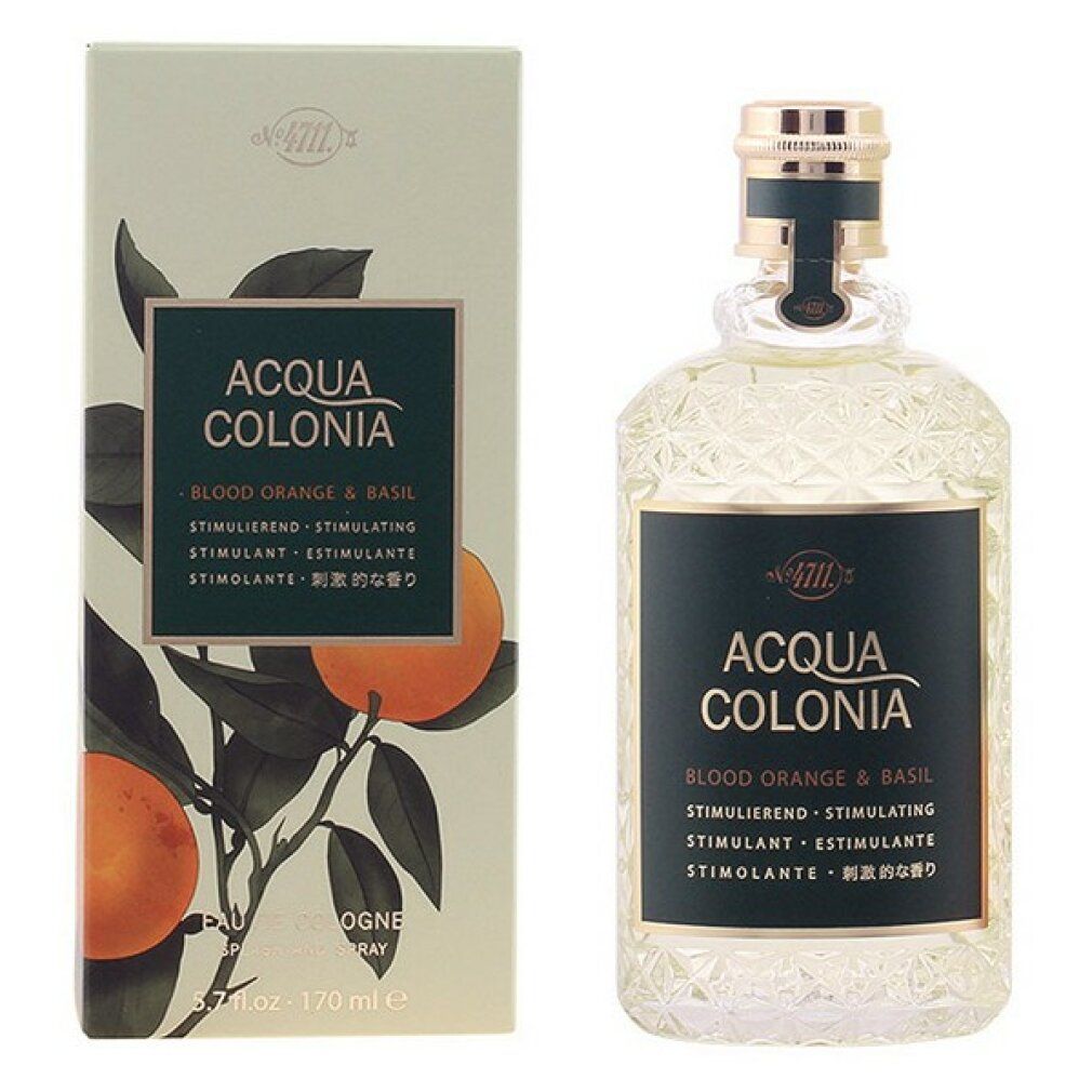 Produktverpackung und Flakon. Aufschrift: Acqua Colonia Blood Orange & Basil. Abbildung von Orangen und Blättern.