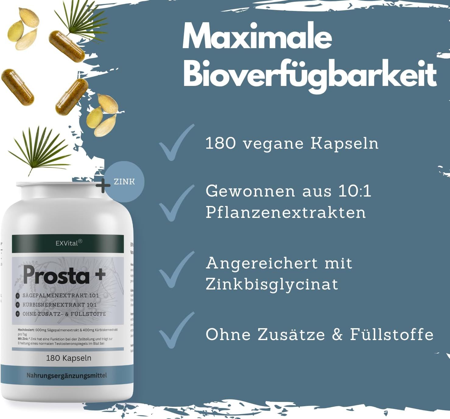 EXVital® Prosta+ Kapseln mit Sägepalmen-, Kürbiskernextrakt & Zink