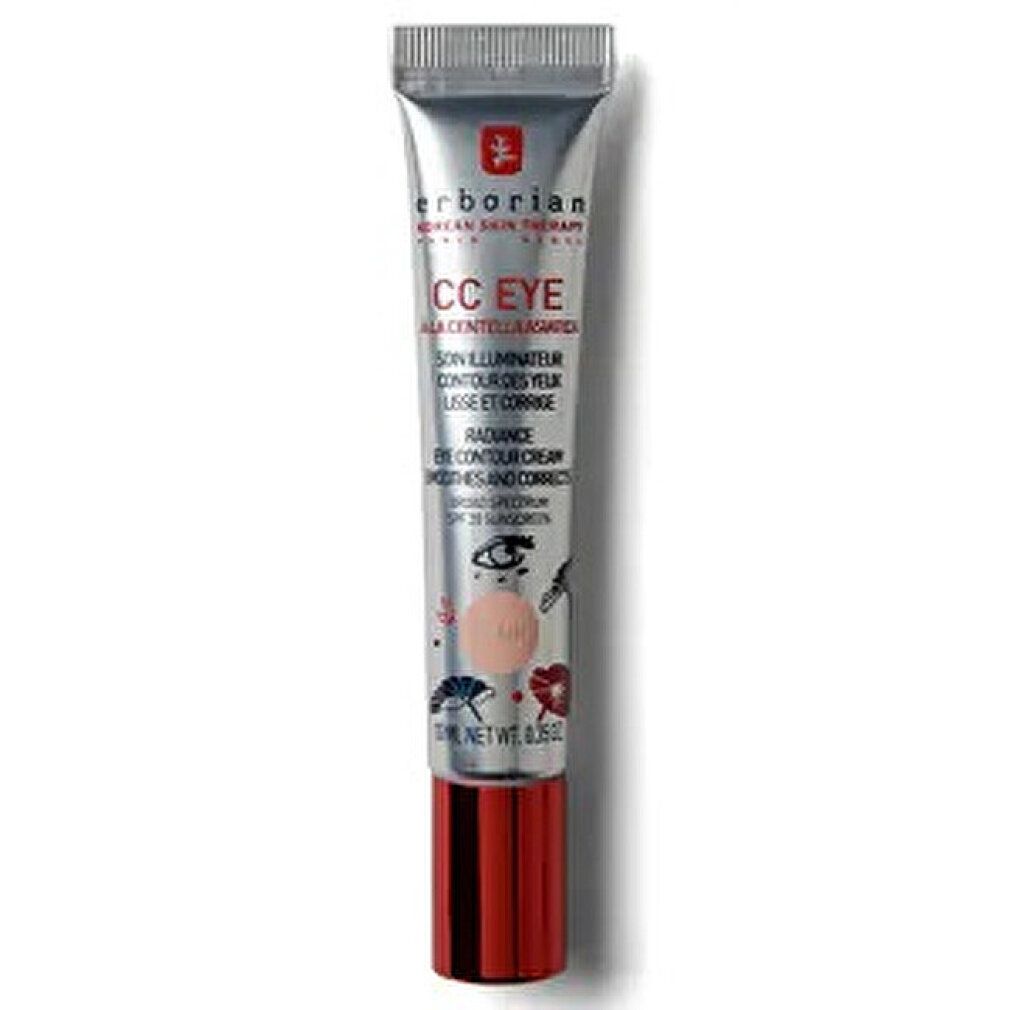 Silberne Tube mit rotem Verschluss. Aufschrift: CC EYE, Radiance Eye Contour Cream. Farbe: rosé. 10 ml.