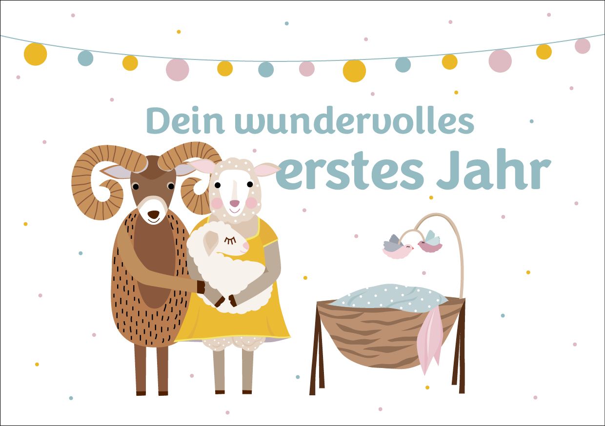 Illustration mit Schafen und Widder. Text: Dein wundervolles erstes Jahr. Dekoration mit Girlande und Wiege.