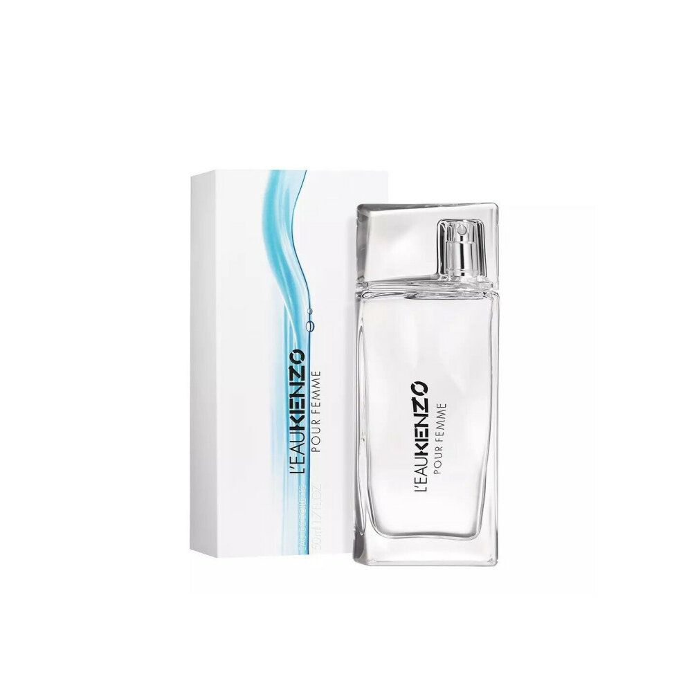 Glasflakon und Verpackung. Flakon mit Sprühkopf. Aufschrift: L'EAU KENZO POUR FEMME.