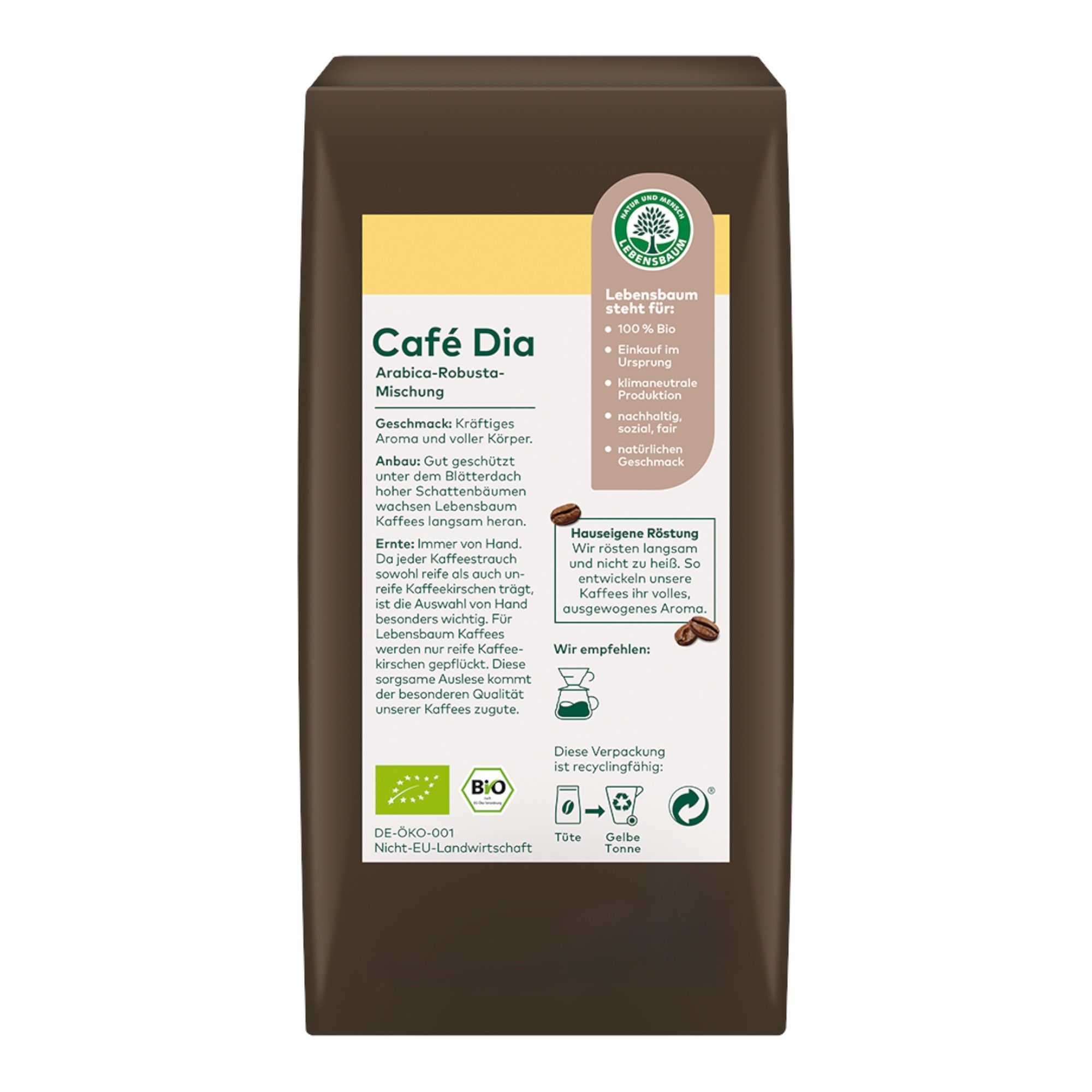 Braune Kaffeepackung mit gelbem Etikett. Enthält "Café Dia" Arabica-Robusta-Mischung, Bio-Siegel und Lebensbaum-Logo.