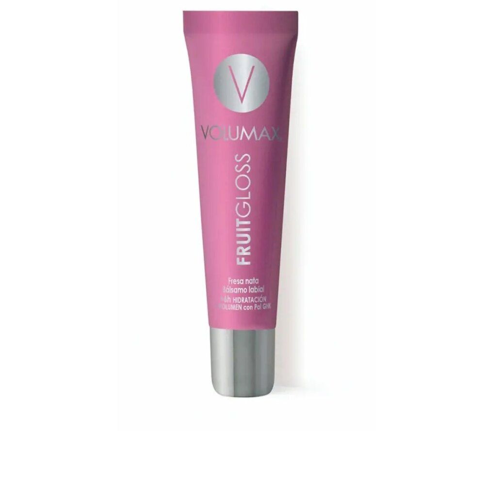 Rosa Tube mit silbernem Deckel. VOLUMAX FRUITGLOSS, darunter FRESA NATA und Hidratación. V-Logo oben.