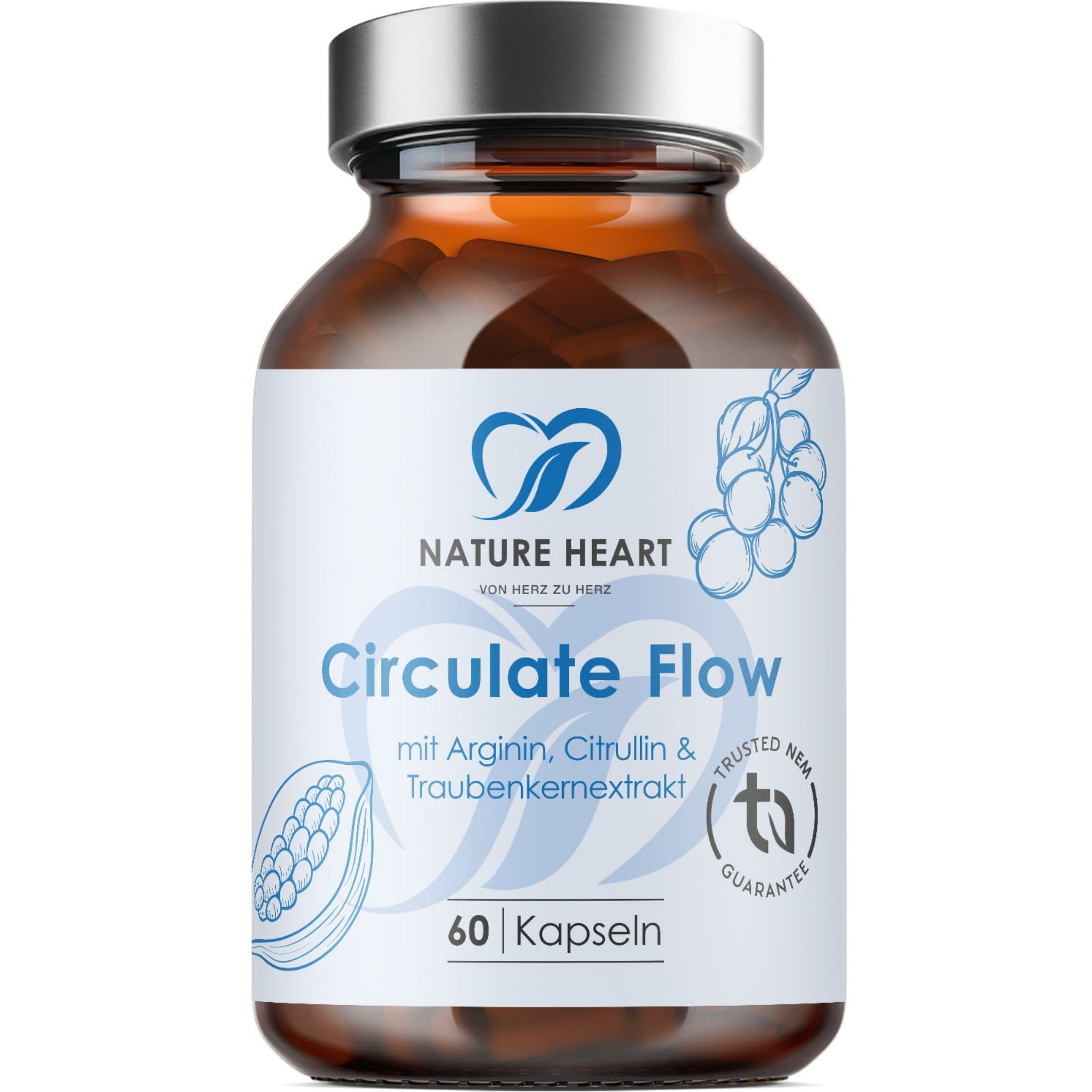 Braunglasflasche mit Nature Heart Circulate Flow Kapseln, 60 Stück.