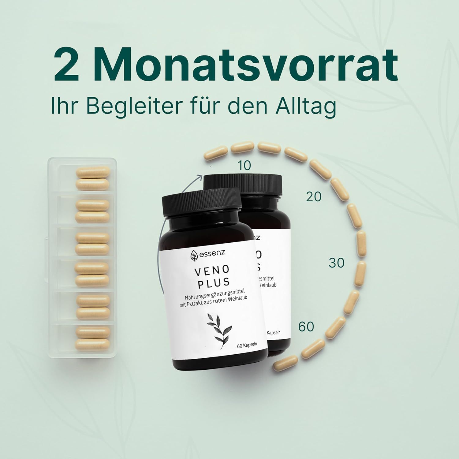 Zwei Flaschen ESSENZ Veno Plus Kapseln, Kapseln in Tablettenspender. Text: 2 Monatsvorrat.
